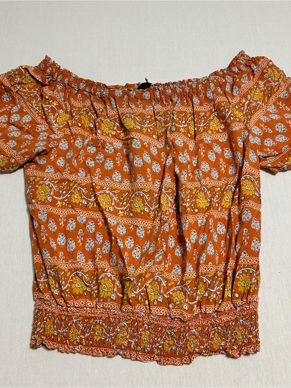 Nicole Miller Off-Shoulder Rust Floral Smocked Top